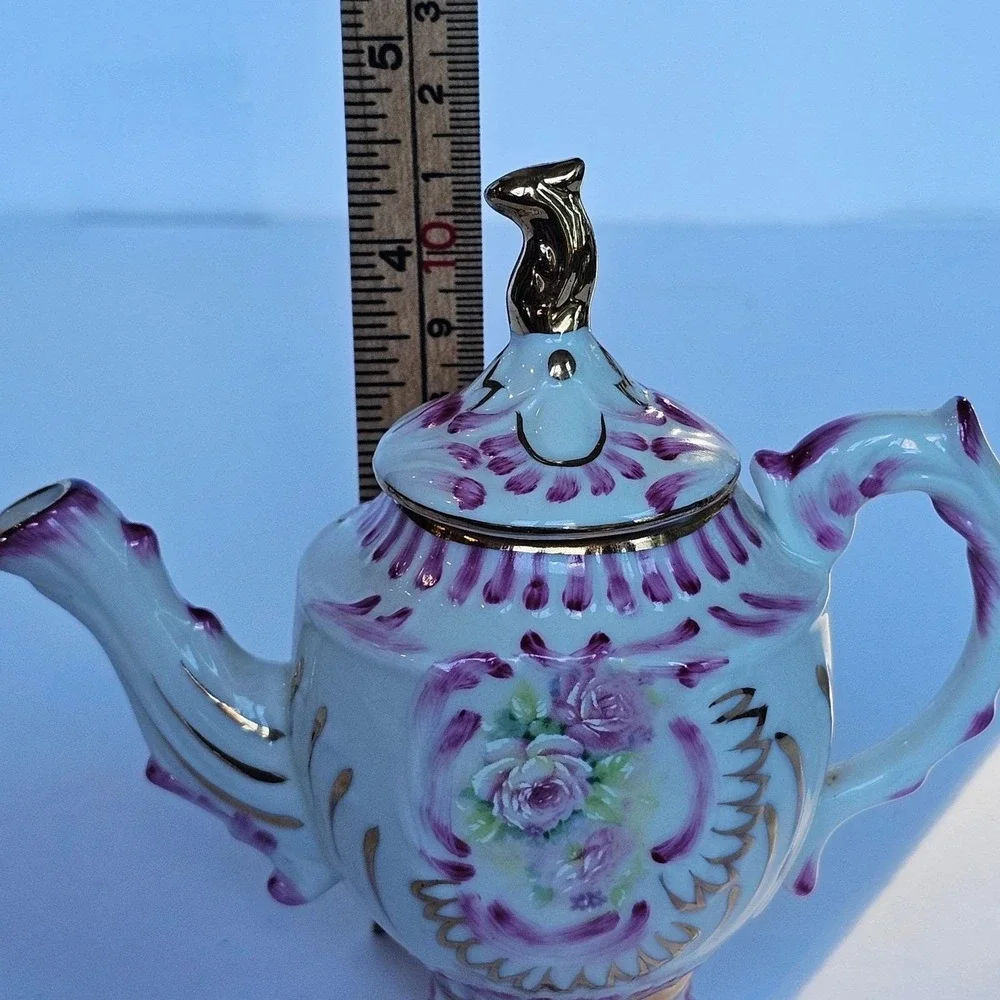 Cracker Barrel Porcelain Miniature Teapot Floral Rose Purple‎ Gold Trim Decor
